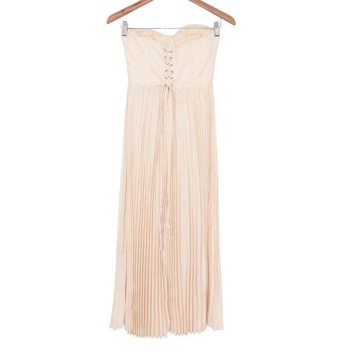 Showpo Loretta Midi Dress Cream Lace Up Back Bustier Pleated Strapless Size 4