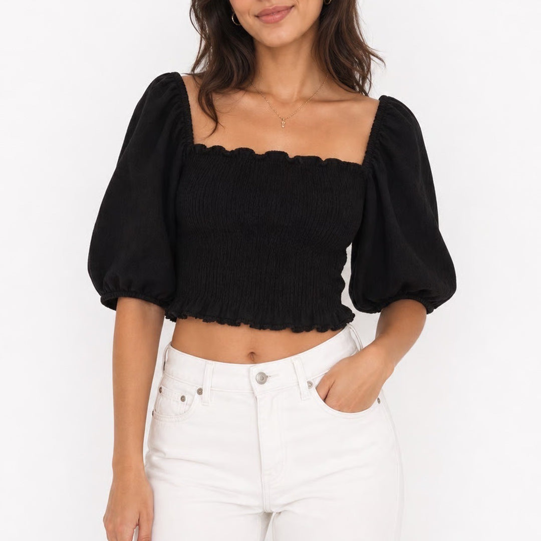 H&M Black Smocked Puff Sleeve Square Neck Cropped Top Size M