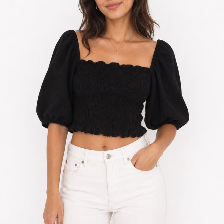 H&M Black Smocked Puff Sleeve Square Neck Cropped Top Size M
