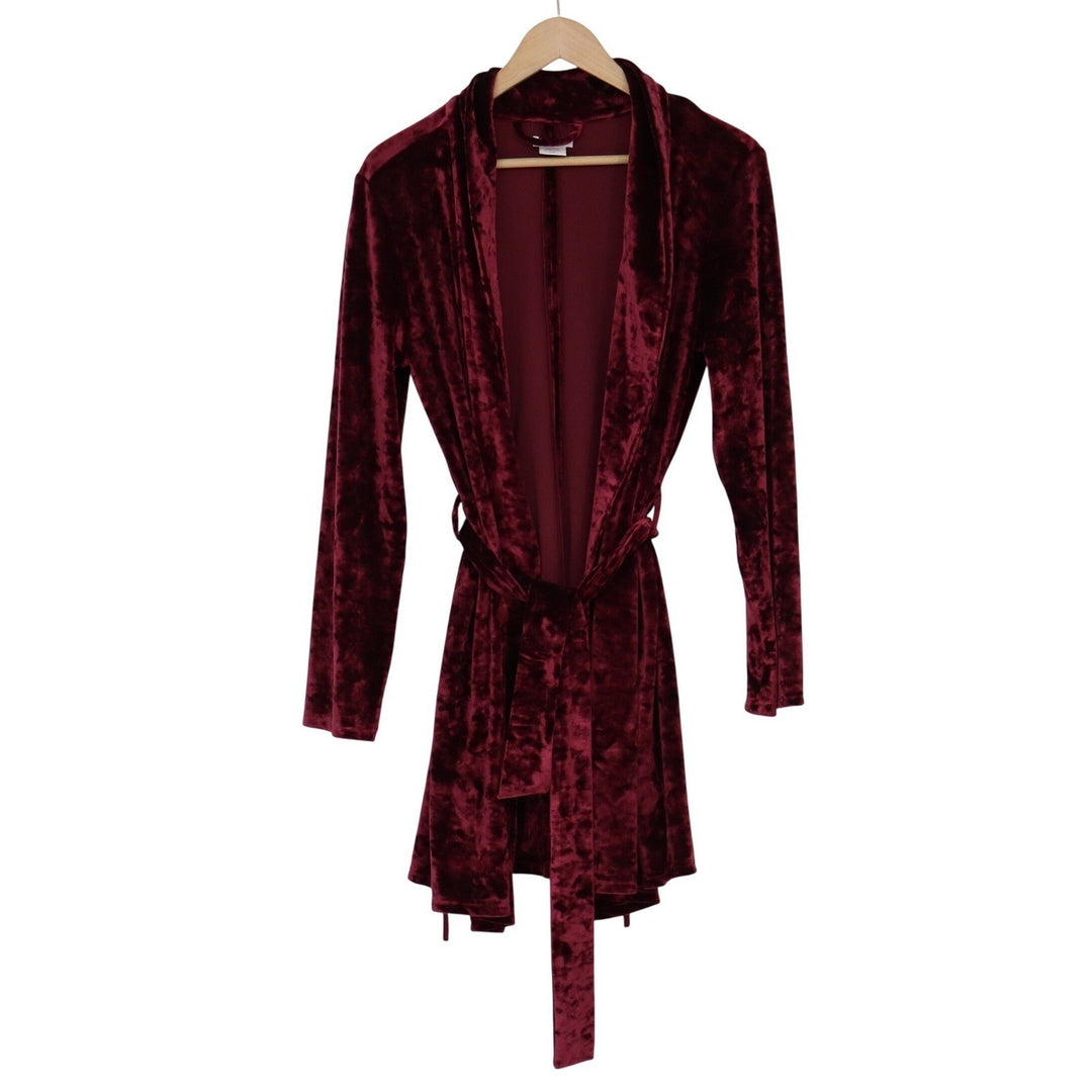 Shimera Burgundy Crushed Velvet Short Robe Shawl Collar Tie Waist Small