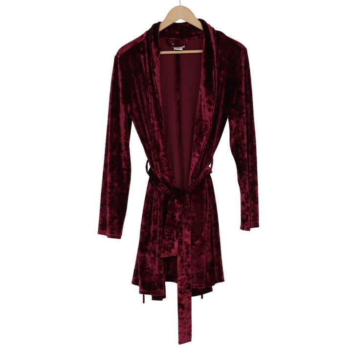 Shimera Burgundy Crushed Velvet Short Robe Shawl Collar Tie Waist Small
