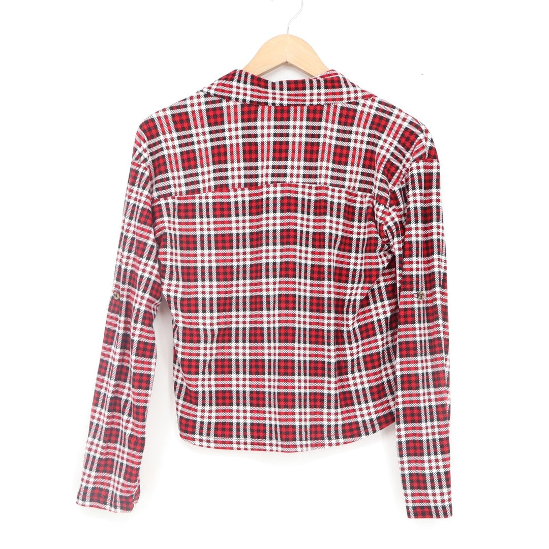 Jolie & Joy Womens Red Plaid Cropped Button Down Shirt Small Long Sleeve