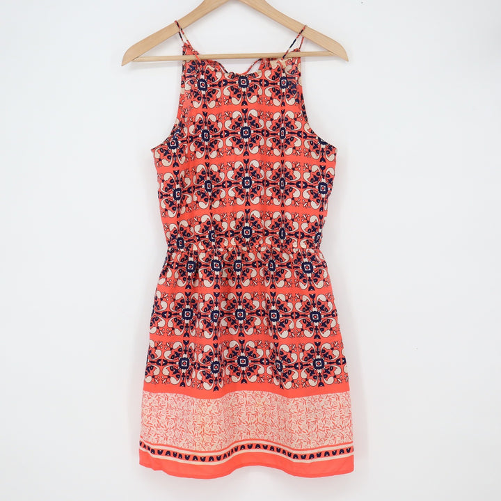 E&M Dress Women's S Coral Geometric Medallion Print Halter Mini Good