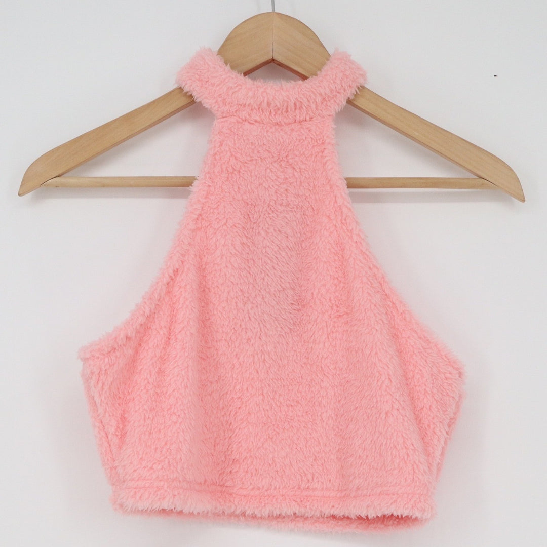 SHEIN EZwear Pink Faux Fur Halter Crop Top XS Teddy Fuzzy High Neck