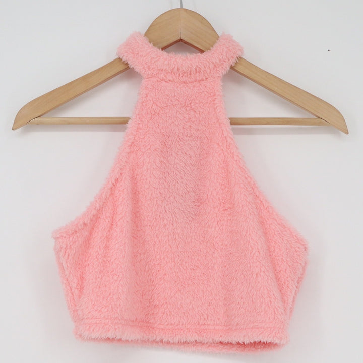 SHEIN EZwear Pink Faux Fur Halter Crop Top XS Teddy Fuzzy High Neck