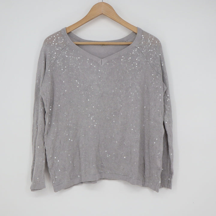 Chan Luu Grey Sequin V-Neck Viscose Knit Raglan Sweater Size L
