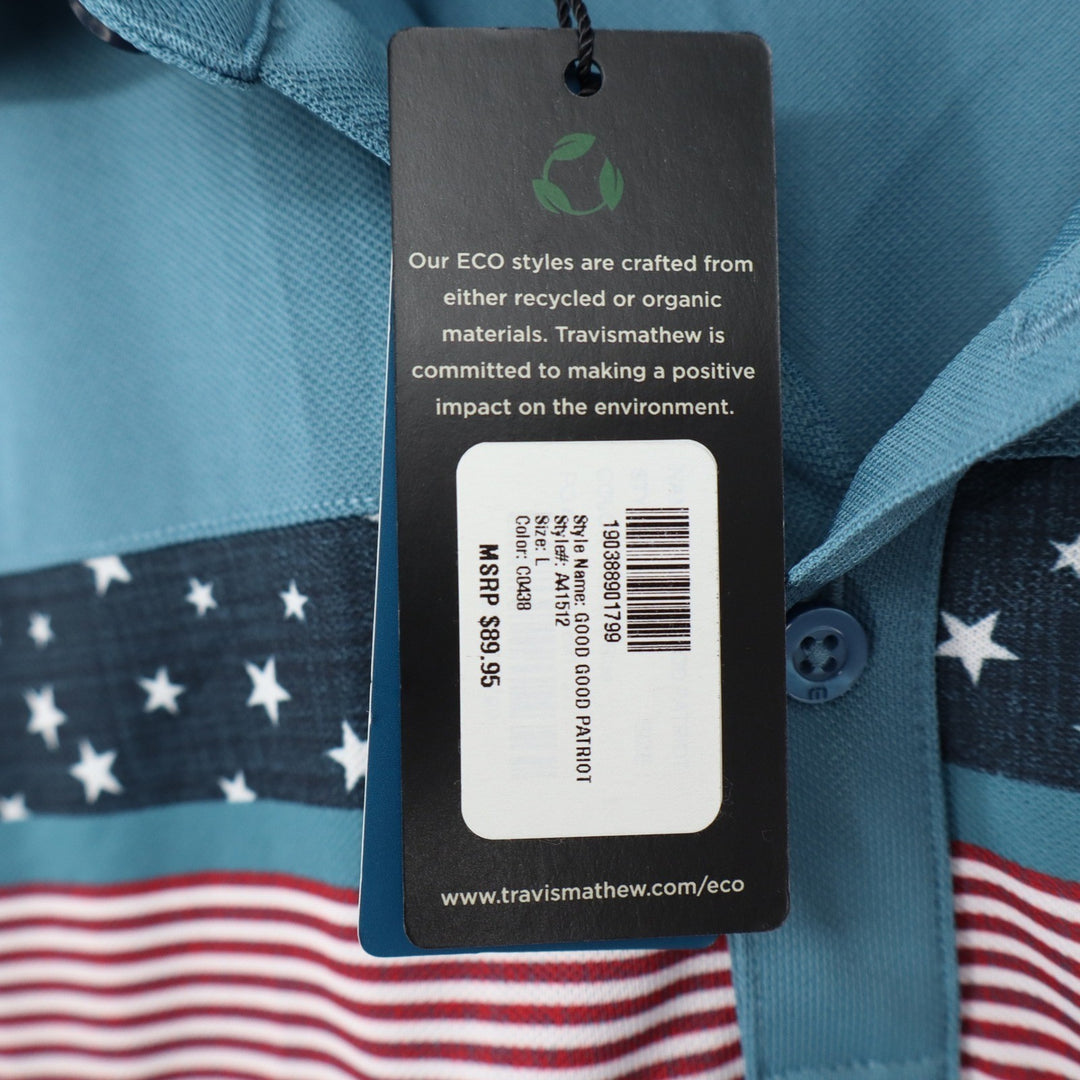TravisMathew Mens Good Good Patriot Polo Shirt Blue Flag Graphic L NEW
