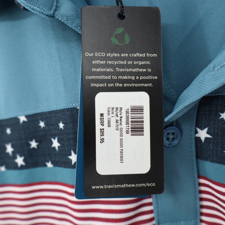 TravisMathew Mens Good Good Patriot Polo Shirt Blue Flag Graphic L NEW