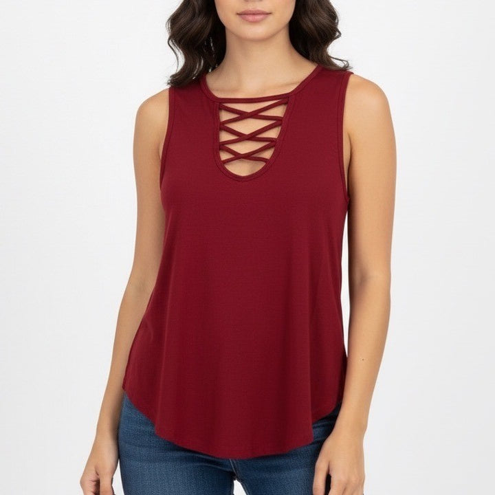 Splash Tank Top Womens Large Red Stretch Criss Cross Neck Sleeveless Pullover