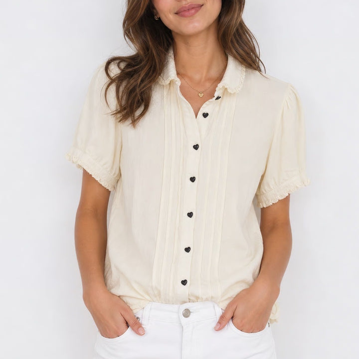 Hot Topic Cream Ruffle Pintuck Blouse Heart Buttons Short Sleeve Top Large