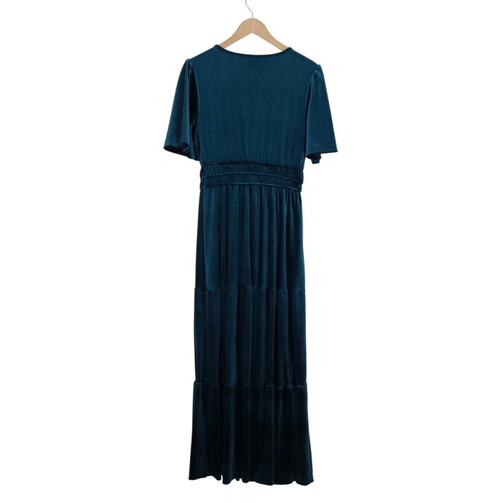 Teal Blue Velvet Maxi Dress V-Neck Smocked Waist Tiered Flutter Sleeve Small