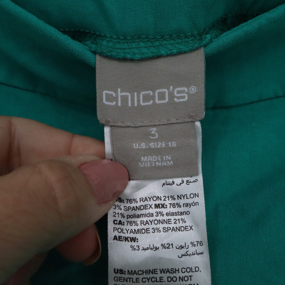 Chicos Emerald Green Pull On Cropped Pants Size 3 US 16 Straight Leg Stretch