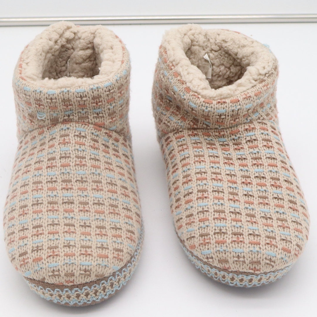 Muk Luks Womens Knit Slipper Boots Faux Fur Lined Beige Blue Coral Size Small