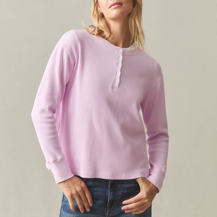 American Giant Thermal T-Shirt Womens XL Pink Cotton Stretch Waffle Henley Neck