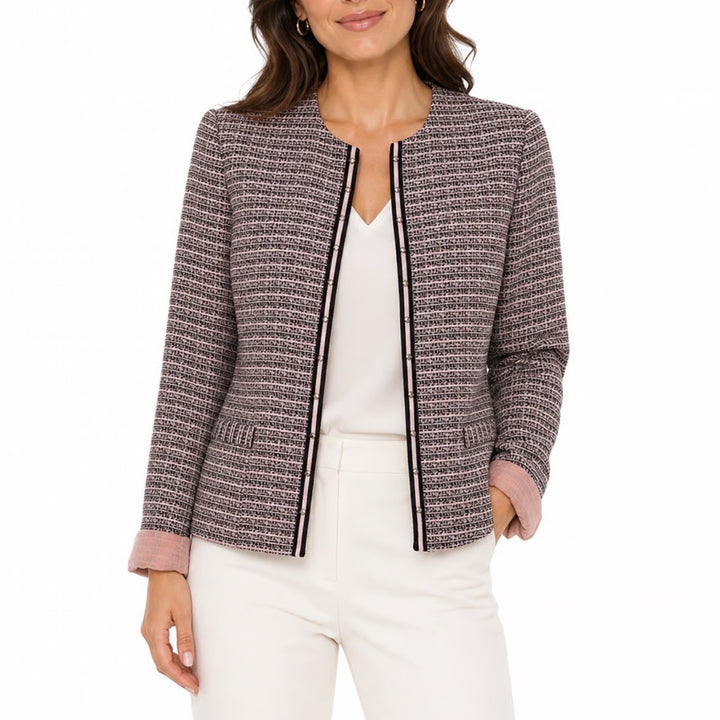 Tahari Arthur S Levine Pink Black Tweed Collarless Blazer Jacket Size 6 KLN0706