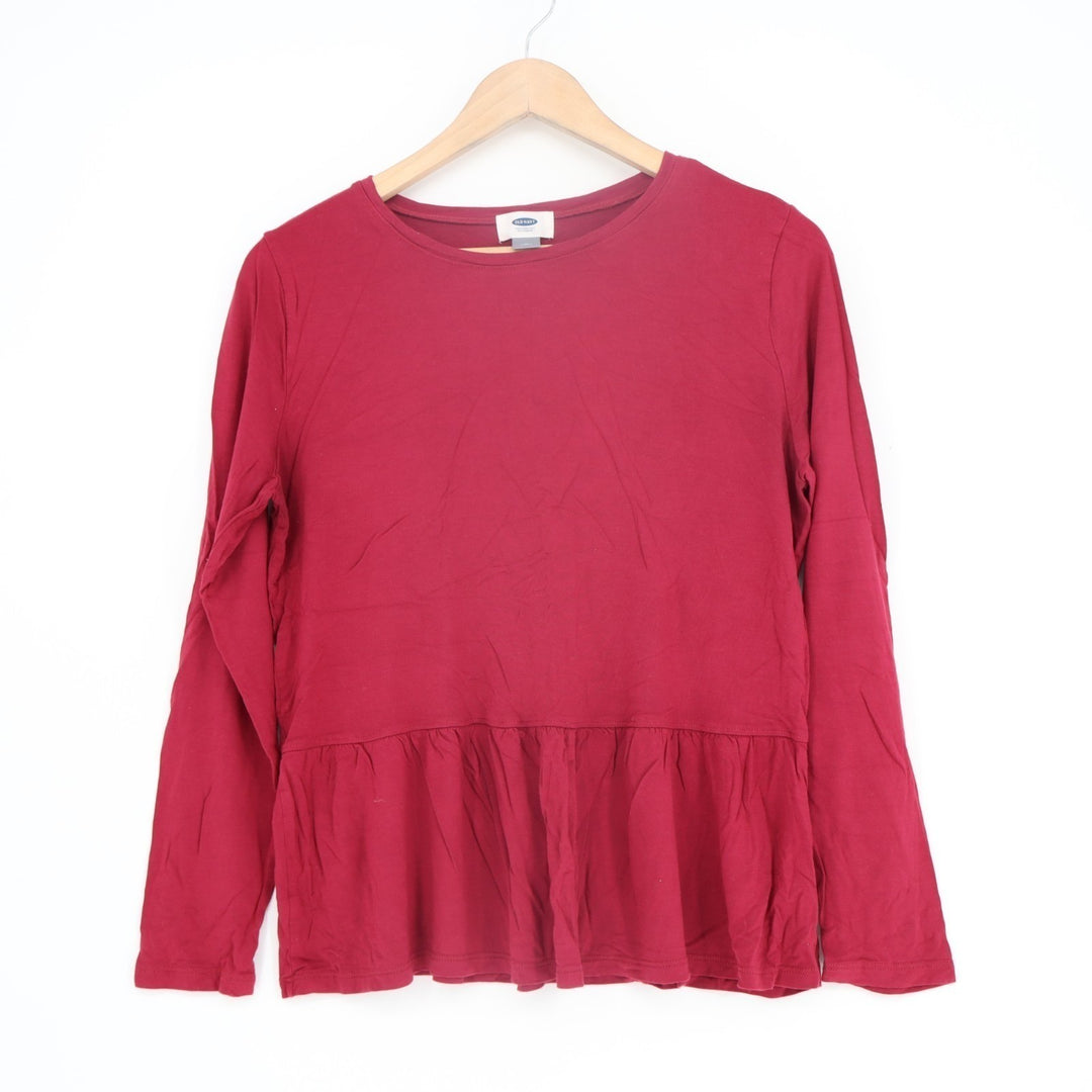 Old Navy T Shirt Women Medium Maroon Ruffled Hem Round Neck Long Sleeve Pullover