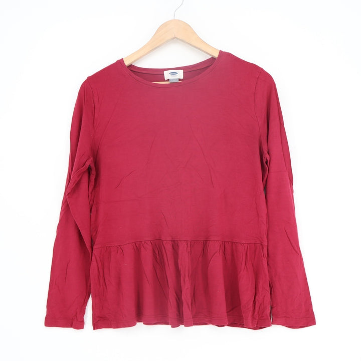 Old Navy T Shirt Women Medium Maroon Ruffled Hem Round Neck Long Sleeve Pullover