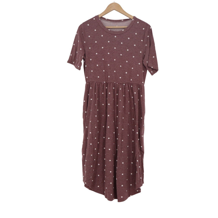 Unbranded Burgundy Polka Dot Short Sleeve Empire Waist Midi Dress Large