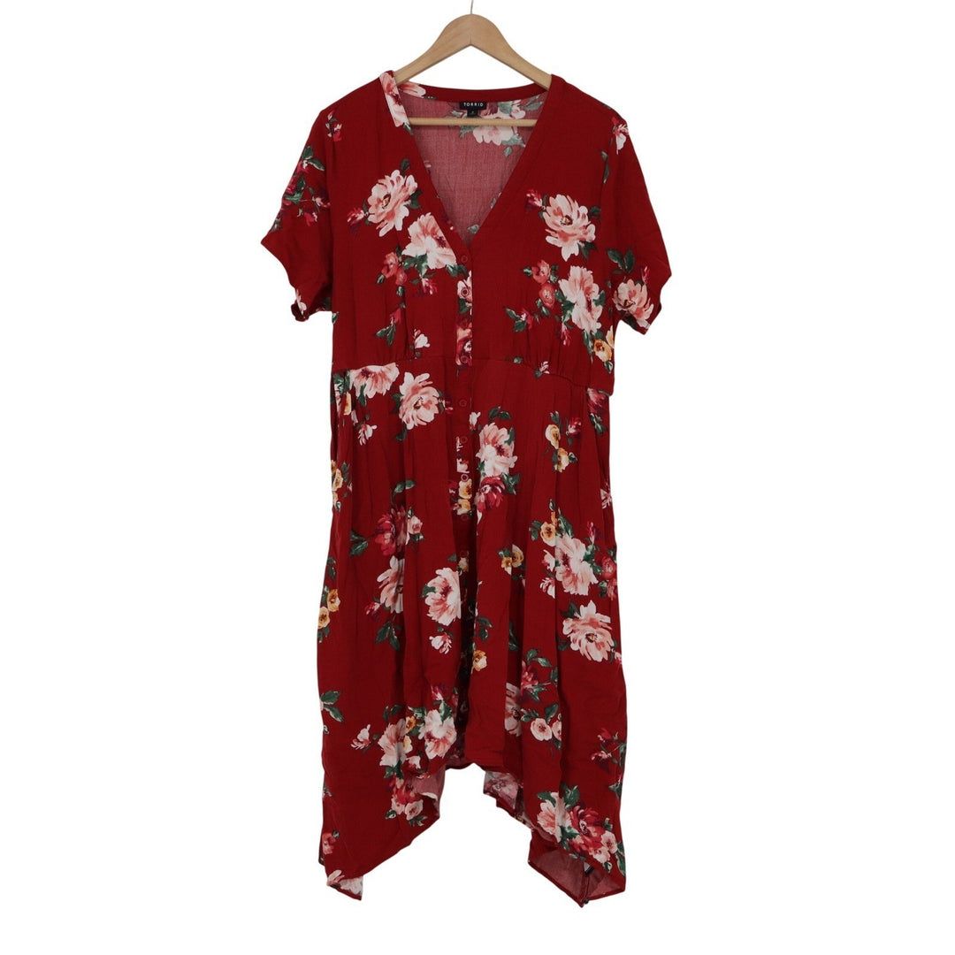 Torrid Red Floral Button Front Handkerchief Hem Midi Dress Size 2 Plus 2X V-Neck