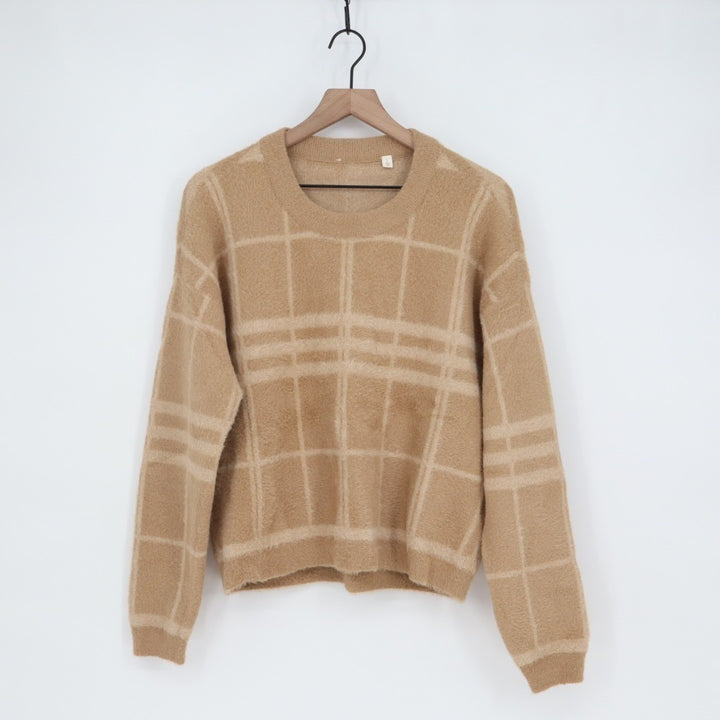 Sweater Womens Large Brown Plaid Wool Knit Round Neck Long Sleeve Streetwear
