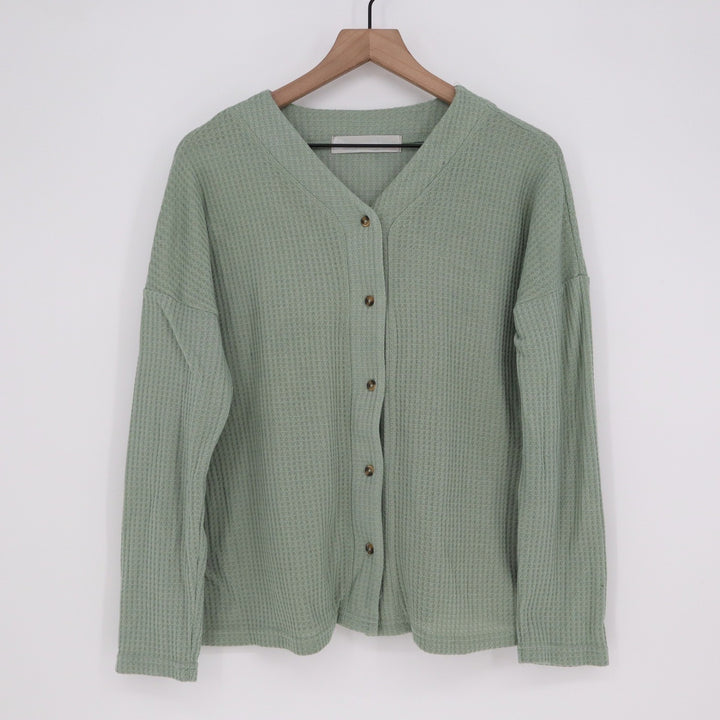 Alexander Del Rossa Sage Green Waffle Knit Cardigan V-Neck Button Top Large