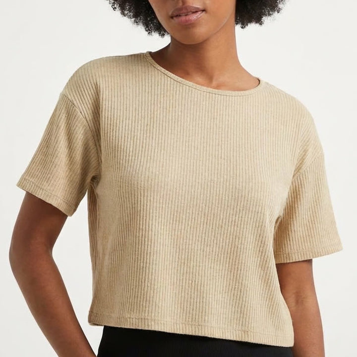 Shein EZwear Crop Top Womens Large Beige Ribbed Knit Round Neck Short Sleeve