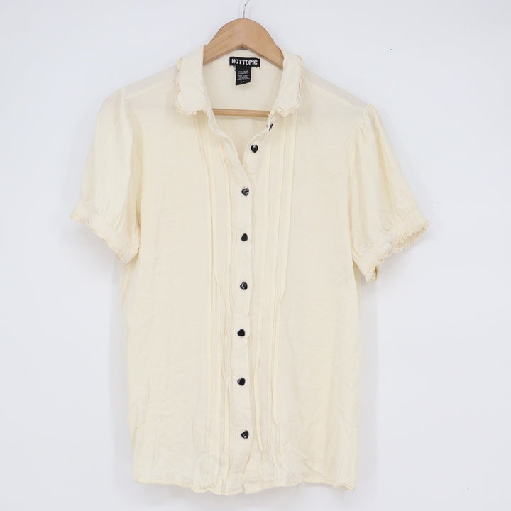 Hot Topic Cream Ruffle Pintuck Blouse Heart Buttons Short Sleeve Top Large