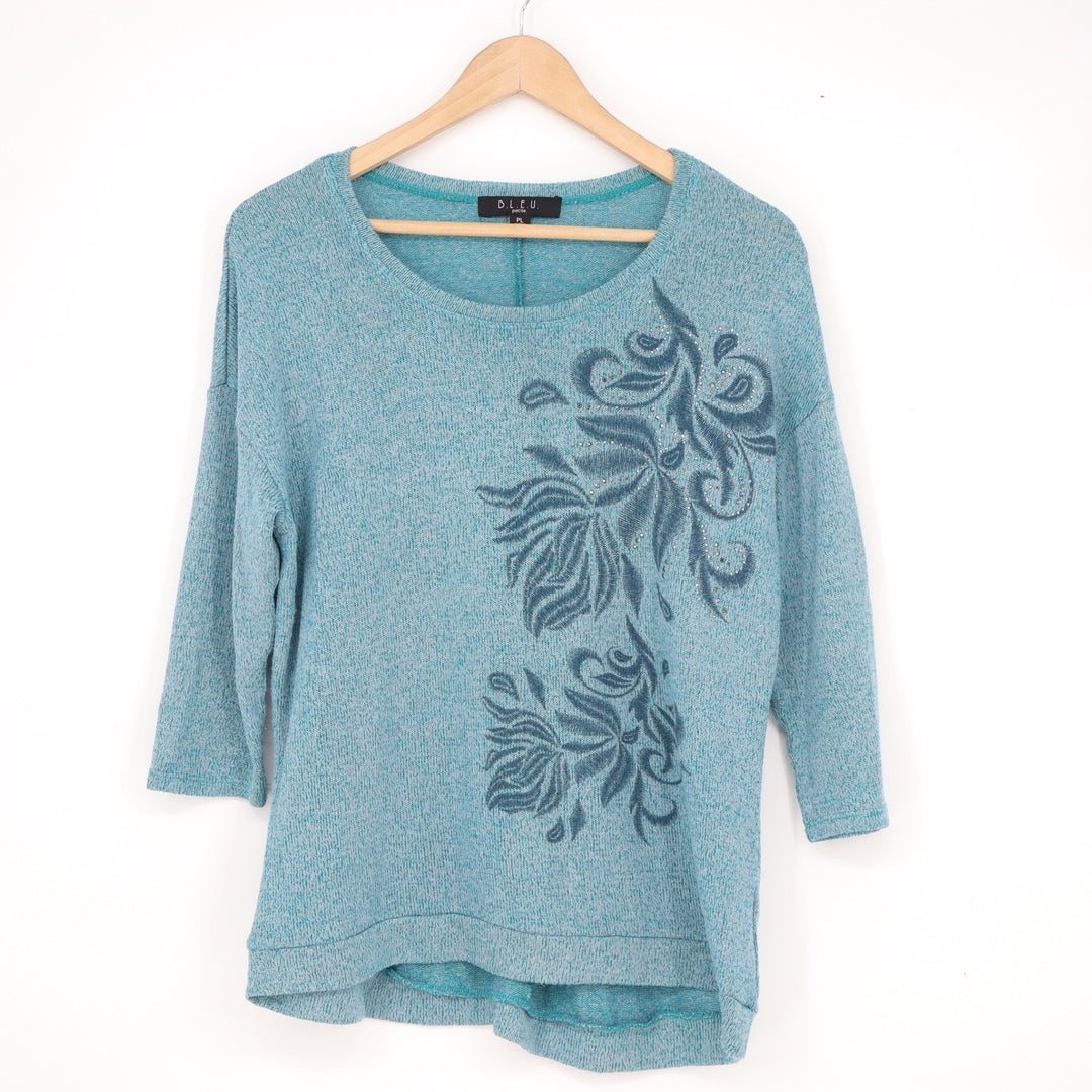 B.L.E.U. Petite Teal Marl Floral Rhinestone 3/4 Sleeve Knit Top PL