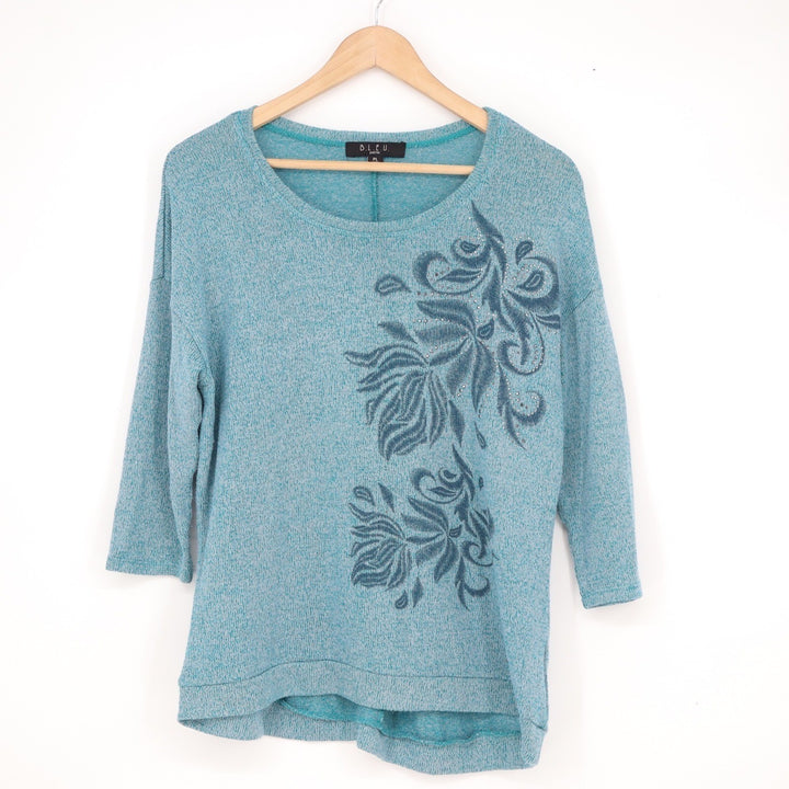 B.L.E.U. Petite Teal Marl Floral Rhinestone 3/4 Sleeve Knit Top PL