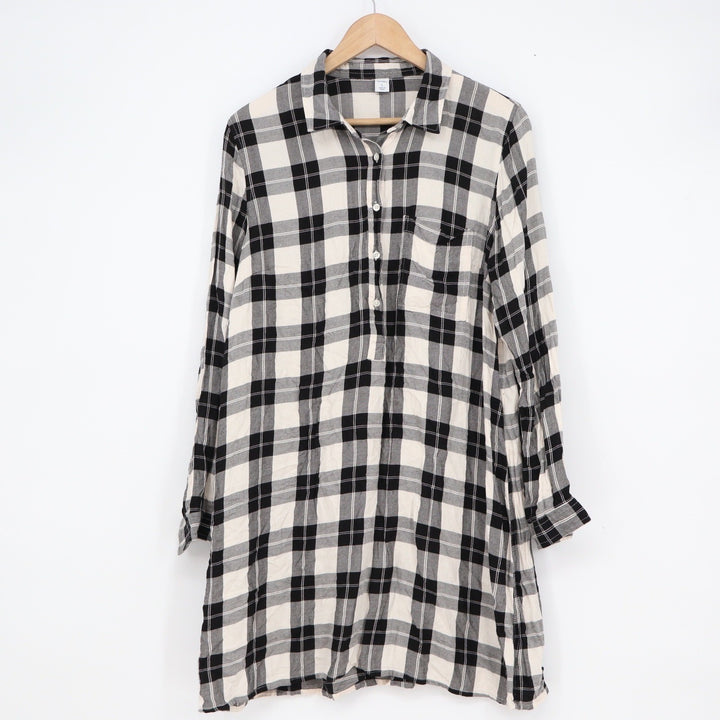 Old Navy Womens Black White Plaid Long Sleeve Rayon Tunic Shirt Dress Large L