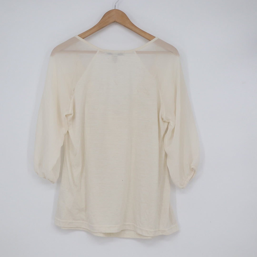 French Laundry Cream Sheer Raglan 3/4 Sleeve Tie Front Blouse Large