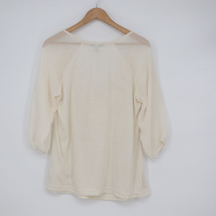 French Laundry Cream Sheer Raglan 3/4 Sleeve Tie Front Blouse Large