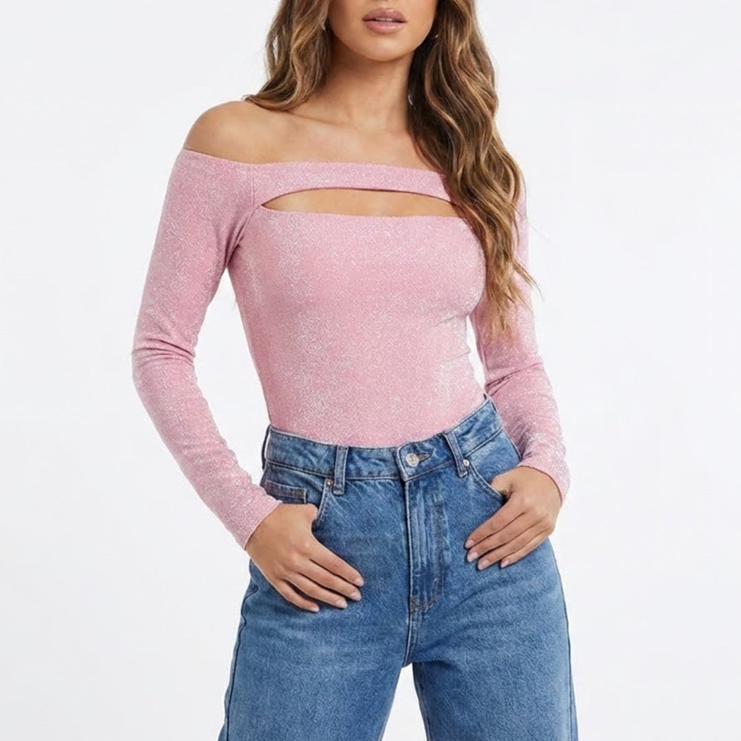 Naked Wardrobe Pink Lurex Metallic Cutout Off Shoulder Bodysuit Small
