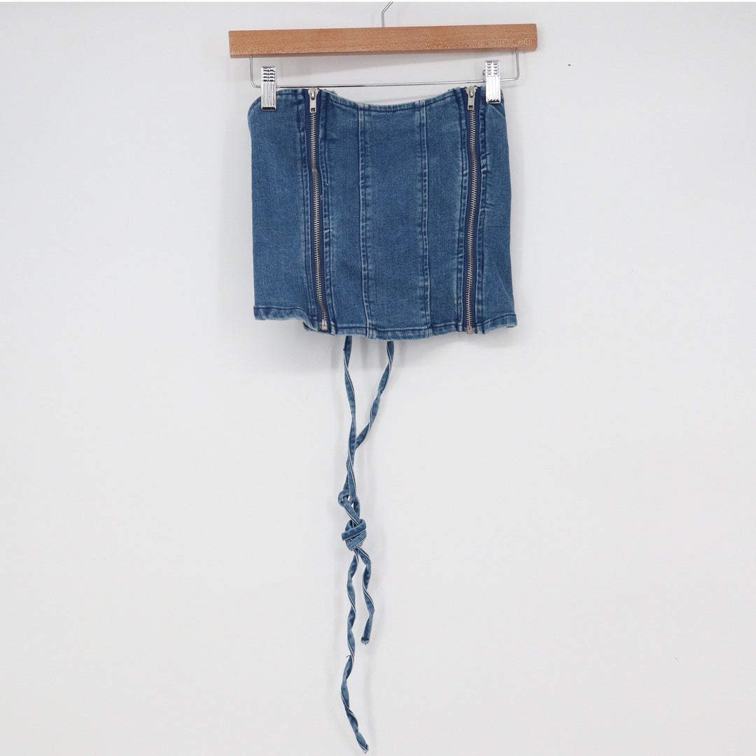 Forever 21 Blue Denim Corset Tube Top Lace Up Back Front Zippers Small