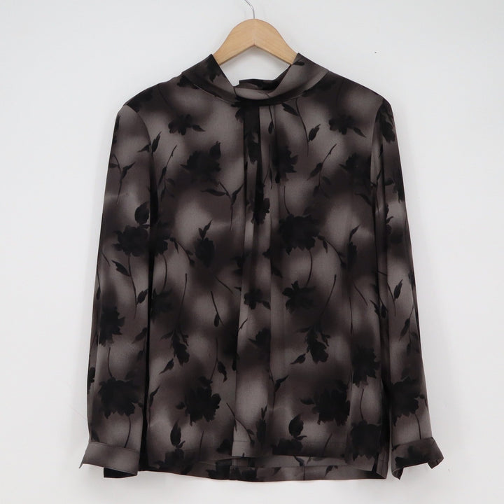 Esika Gray Black Floral Mock Neck Blouse Long Sleeve Button Back Top