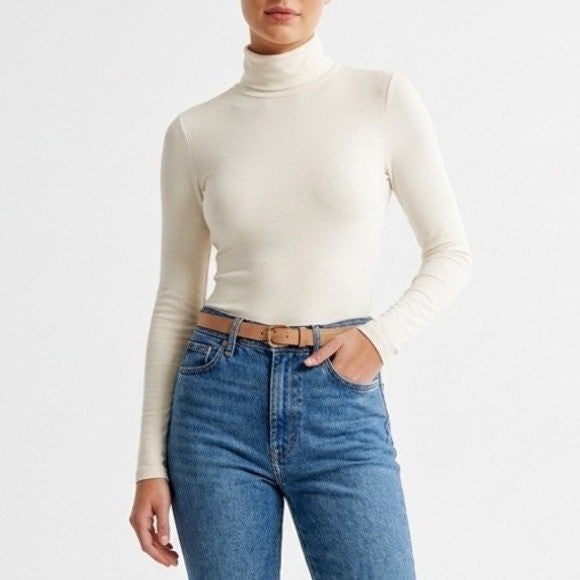 Naked Wardrobe Cream Turtleneck Long Sleeve Bodysuit Small Womens
