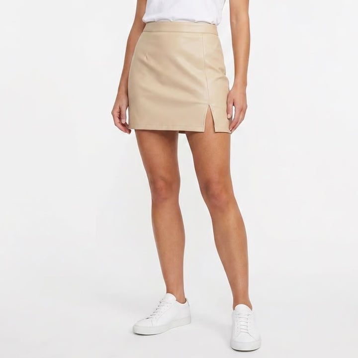 Entro Milly Faux Leather Mini Skirt Ecru Beige High Waist Slit L