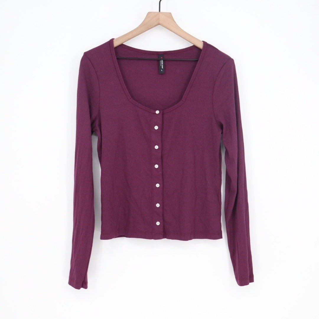 American Giant Ribbed Button Front Long Sleeve Crop Top Burgundy Size L