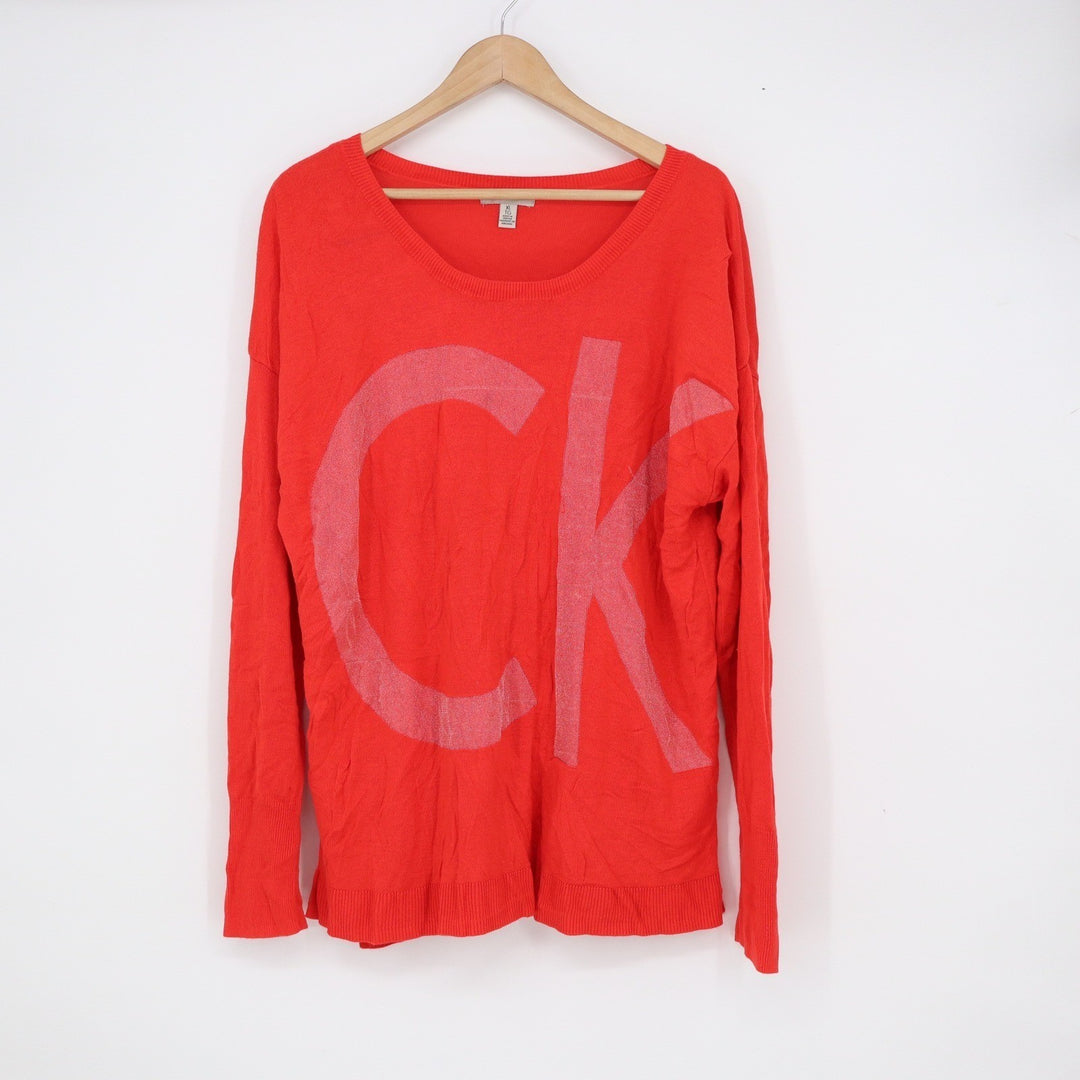 Calvin Klein Jeans Womens XL Red Graphic CK Logo Rayon Knit Pullover Sweater