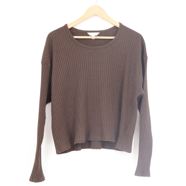 Time and Tru Brown Ribbed Knit Long Sleeve Crew Neck Top XL 16-18