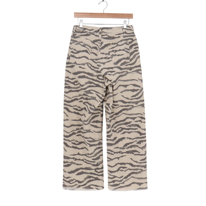 Jeans Womens Medium Beige Black Denim Tiger Print Frayed Hem High Rise Wide Leg