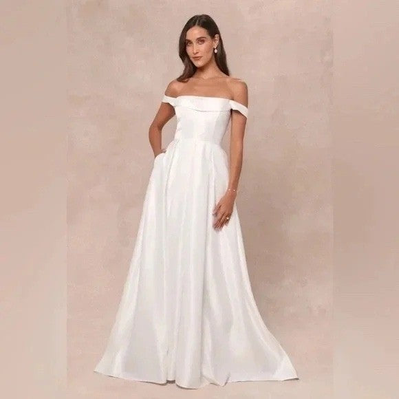 Lulus Extraordinary Vow White Off-The-Shoulder Maxi Dress With Pockets Size XL