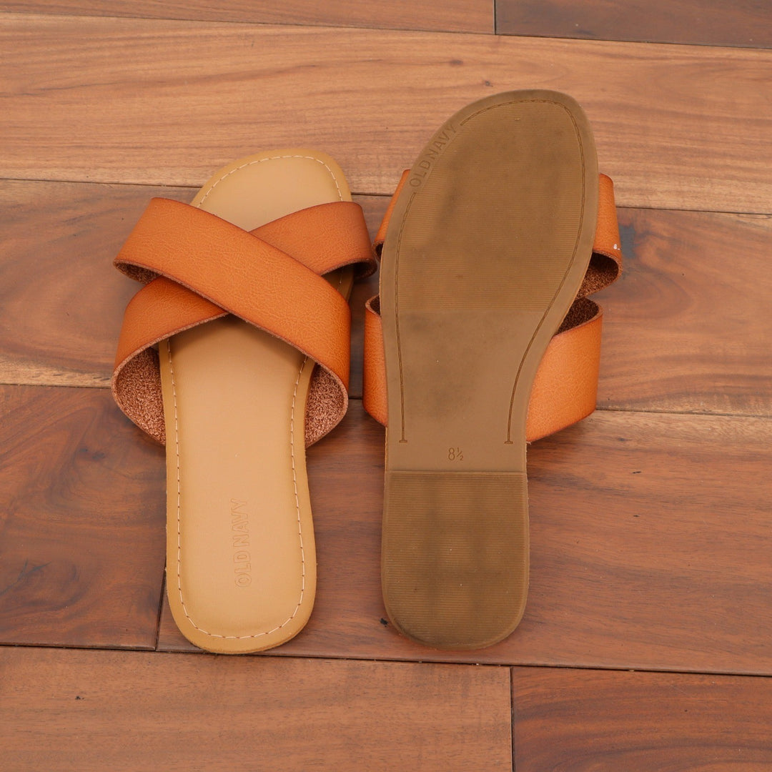 Old Navy Womens Cognac Brown Crisscross Faux Leather Slide Sandals 8.5 Flat