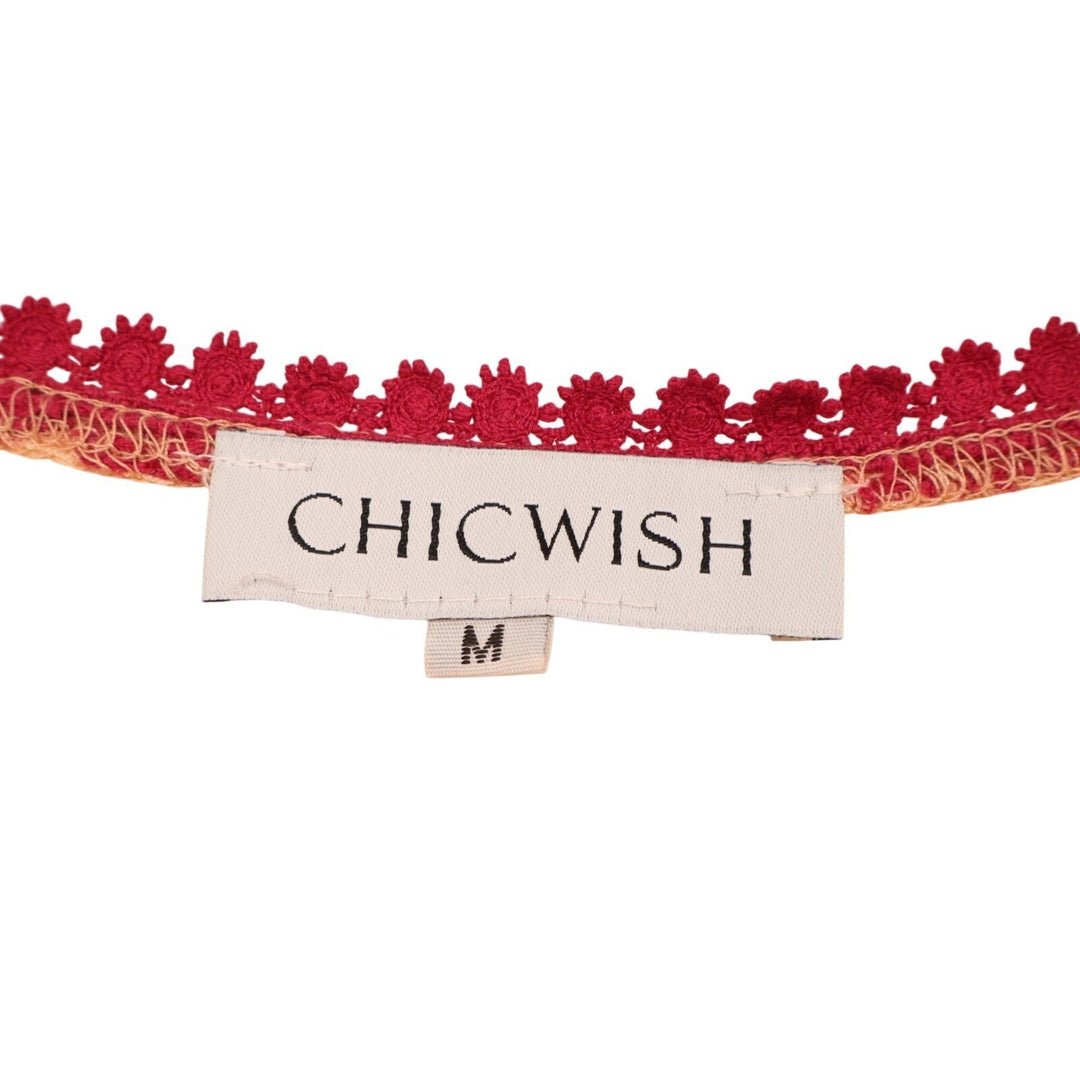 Chicwish Maxi Dress Women M Beige Red V Neck Floral Embroidery Mesh Crochet Trim
