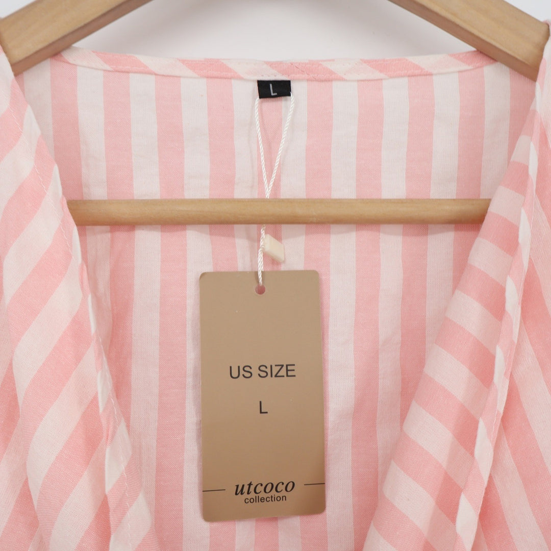 Utcoco Collection Pink White Striped Tie Front Romper Kimono Sleeve Large NEW