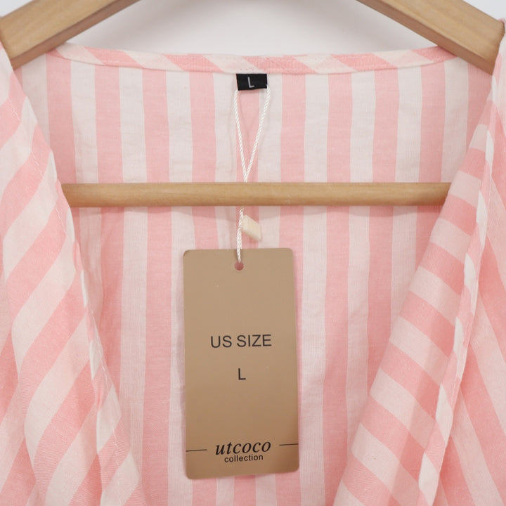 Utcoco Collection Pink White Striped Tie Front Romper Kimono Sleeve Large NEW
