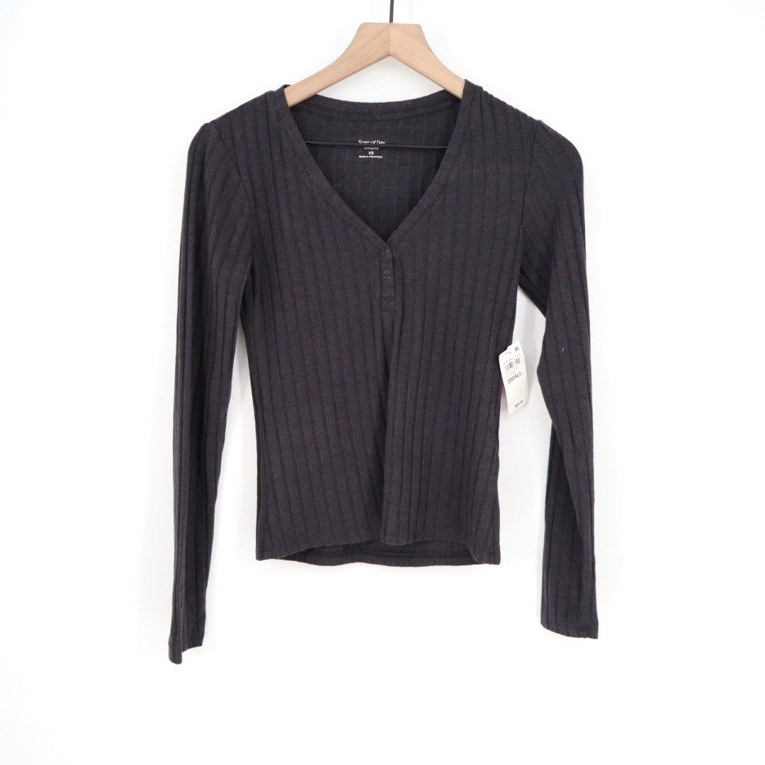 State of Day Intimates Pajama Top Women XS Deep Black Stretch Ribbed Henley Neck