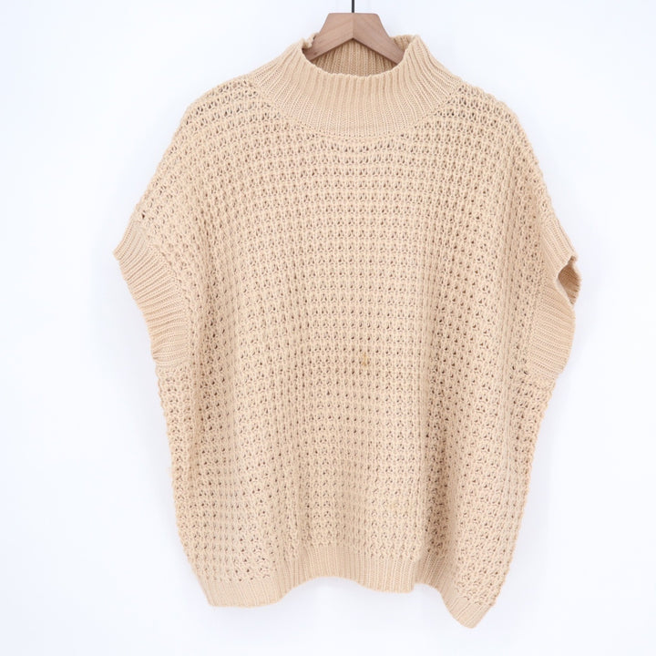 Unbranded Beige Chunky Open Knit Mock Neck Oversized Sweater Vest 7905