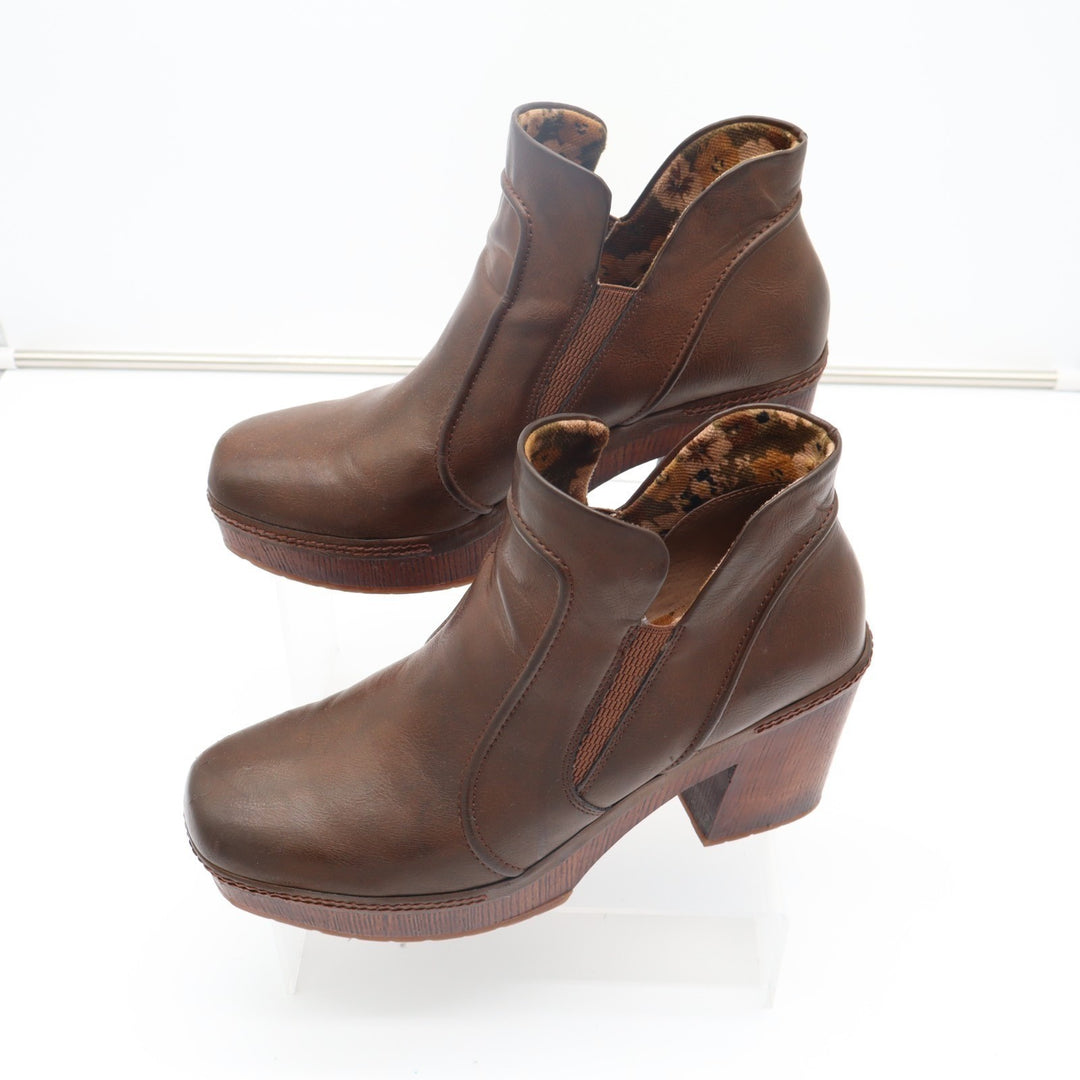 Korks Bootie Women 9.5M Brown Round Neck Block Heel Pull On Platform Ankle Boots