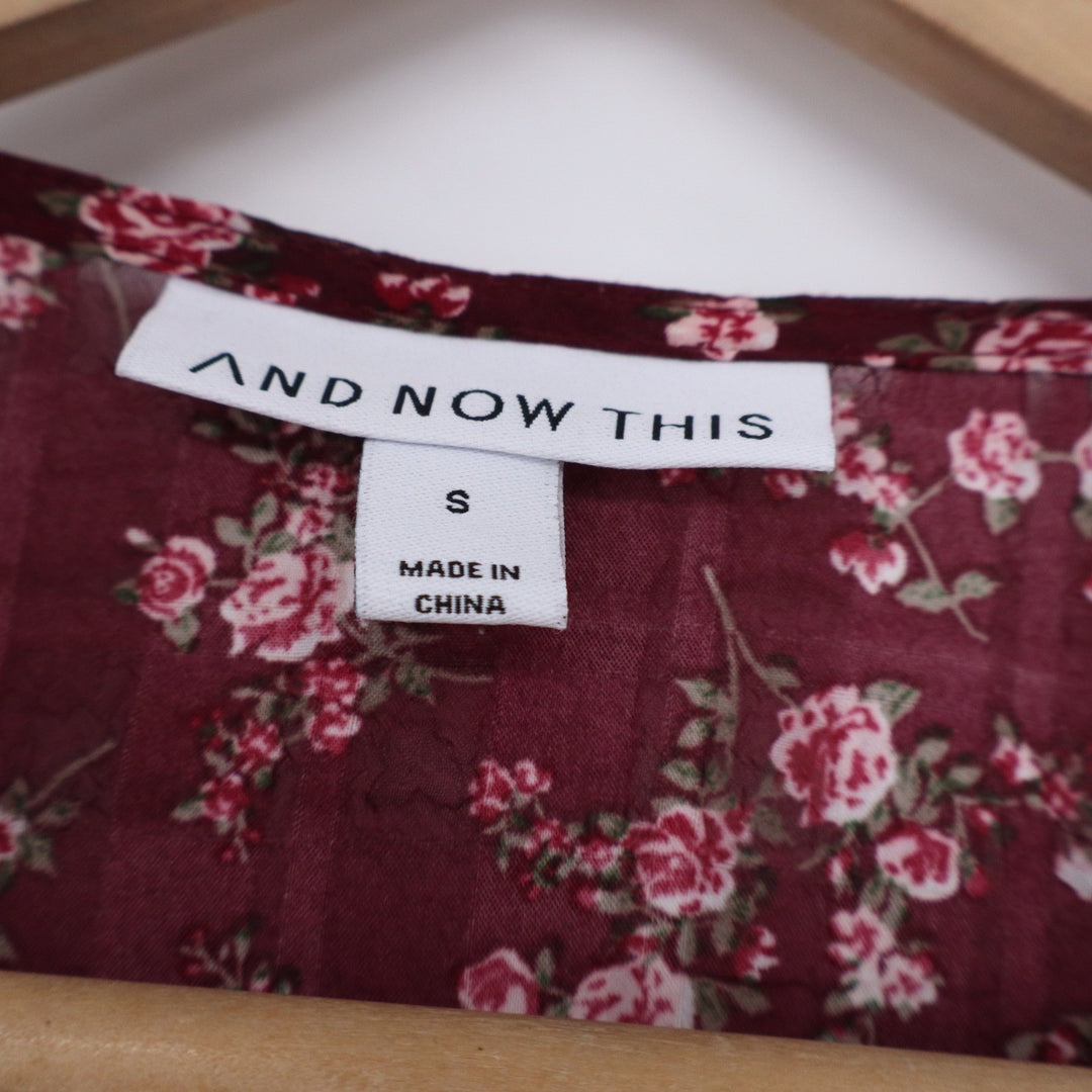 And Now This Burgundy Floral Pleated Split Neck Blouse Womens Size S Long Sleeve